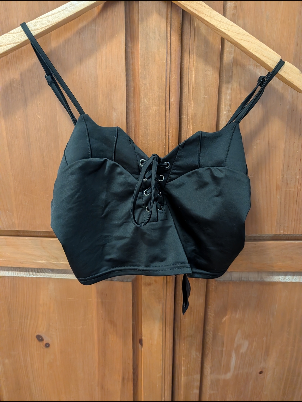 Black Lace-Up Satin Crop Cami